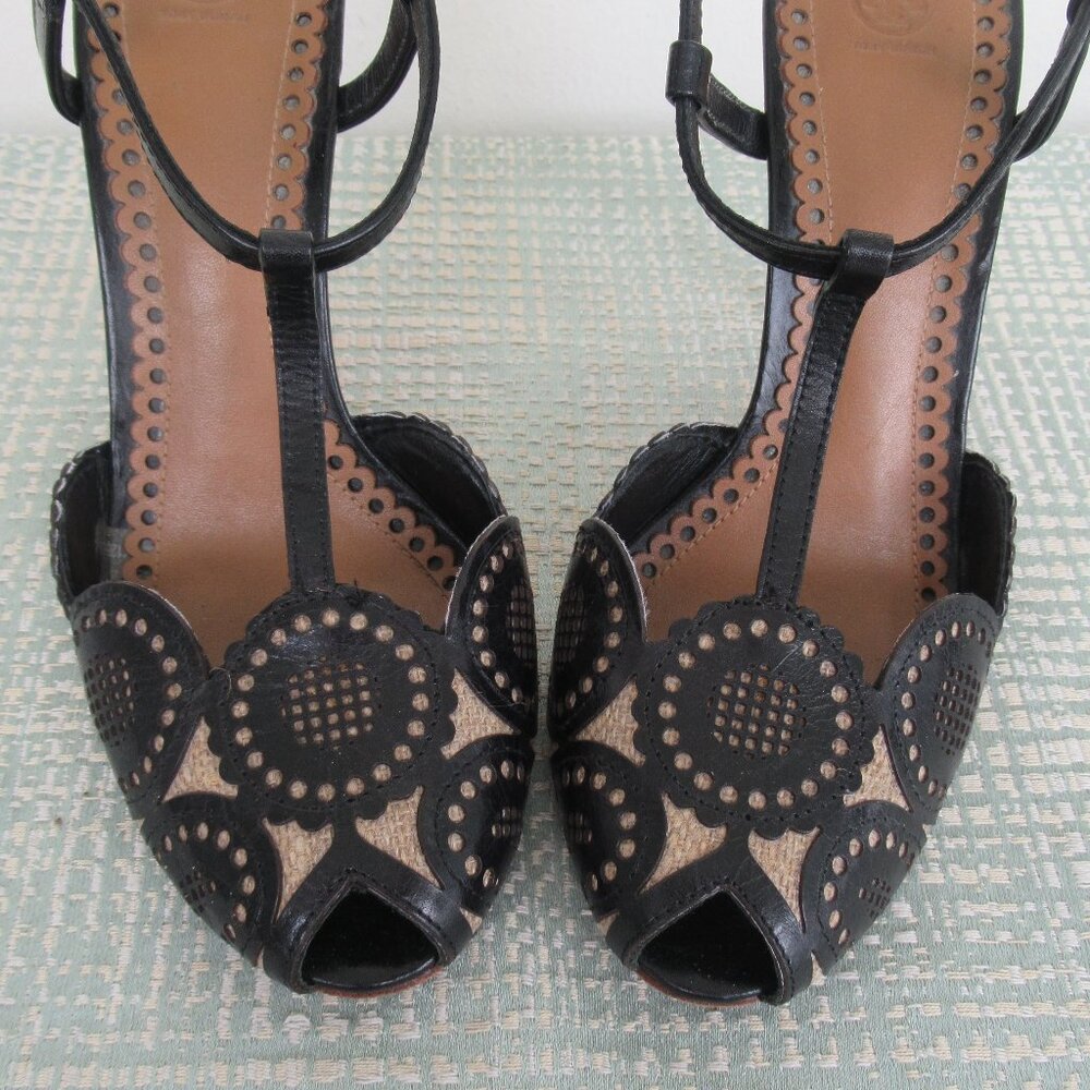 TORY BURCH, ALEXA Genuine Leather Peep Toe High Heel Sandal Black & Tan Sz. 6.5 - Picture 4 of 13